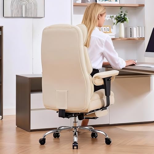 Image of Efomao Executive Office Chair, Beige Fabric Big and Tall Desk Chair | Breathable fabric, pocket spring & foam seat, retractable footrest, 135 recline for computer gaming setup