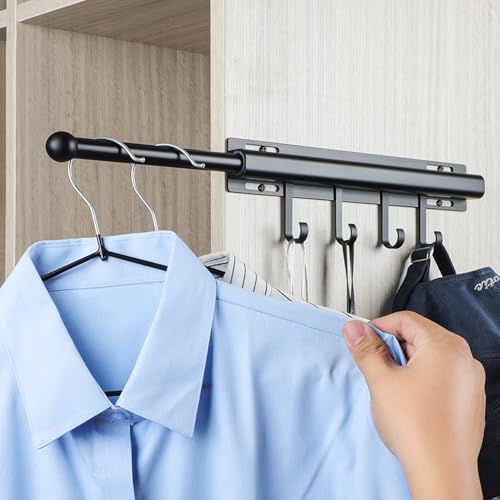 BaiNong 12 inch Valet Rod for Closets Pull Out Closet Valet Rod Slide Out Black Pull Out Clothes Hanger With 4 Hooks Closet Organization and Storage