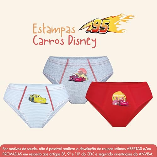 LUPO Kit 3 Cuecas Slip Infantil Disney Carros Masculina, 1 Branca - 1 Cinza - 1 Vermelha, P