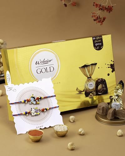 Image of Hyperfoods Rakhi Set for Brother with Chocolate Wobniar Gold 192 Grams Chocolates Gift Pack Krishna Rakhi for Brother Gift for Bhaiya Rakshabandhan Gift Hamper