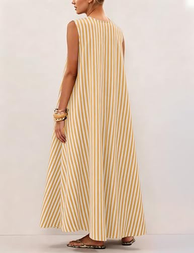 Image of Livtany Women's Scoop Neck Ruched Maxi Dress Flowy Swing Wide Straps Long Dress Casual Sleeveless Sundress with Side Pockets