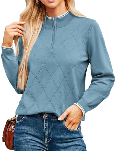 JACK SMITH Long Sleeve V Neck Knit Sweaters for Women, Quarter Zip Argyle Sweatshirts, Early Spring Fashion Pullover Tops Lake Blue 2XL