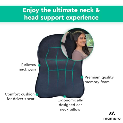 Image of Car Neck Rest Pillow, Memory Foam Head Rest & Neck Support Cushion for Car Seat, Office Chair | Comfortable Ergonomic Design for Neck Pain & Muscle Tension Relieve (Black, 17x12x5 Inch, Large)