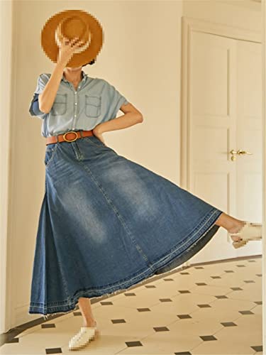 Women Vintage Skirt Long A-Line Denim Skirt3