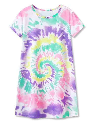 Tebbis Teen/Little Girls Nightgown – Summer Short Sleeves Sleepwear Trendy Tie Dye Spiral Nightdress Pajama Size 6-16