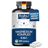 Magnesium-Komplex hochdosiert 200 Kapseln - 450mg reines Magnesium pro Tagesdosis - mit Magnesiumbisglycinat, Magnesiumcitrat, Magnesiumoxid, Magnesiummalat, Magnesiumcarbonat - vegan, laborgeprüft