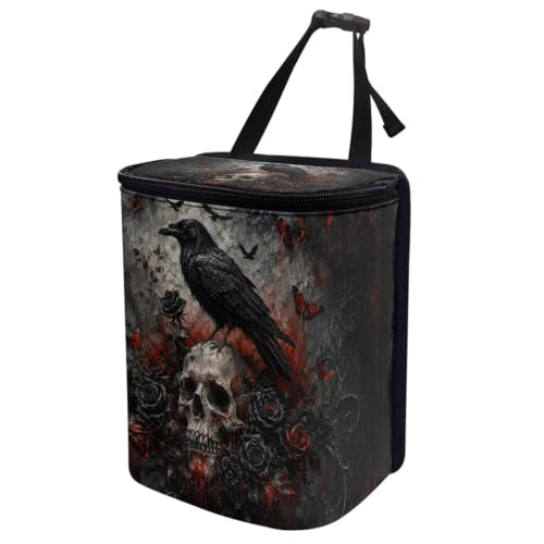 Image of Talayituse Gothic Crow Rose Skull Pattern Car Trash Can with Lid, Leak Proof Auto Trash Bag Hanging Vehicle Garbage Can Multipurpose Storage Container for Back Seat Road Trip Halloween Decor