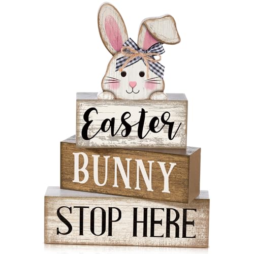 Image of Moucuny 4 Pcs Easter Bunny Table Decoration Stacked Wooden Bunny Block Decor 3-tier Tabletop Sign with 3D Rabbit, Rustic Farmhouse Easter Decorations for Home Egg Hunt Party Centerpiece Gift