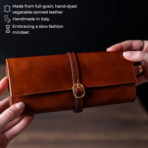 Image of Time Resistance Leather Jewelry Roll - Full Grain Leather Travel Jewelry Case - Jewellery Organizer Made in Italy (Cognac Brown)