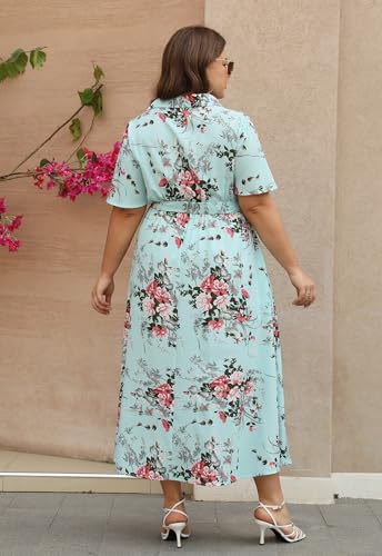 Image of Keluummi Plus Size Wedding Guest Maxi Dresses for Curvy Women, Summer Casual Floral 3 /4 Sleeve Party Wrap Dress with Pockets