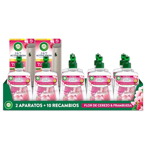Air Wick Active Fresh Spray Automatico Sin Aerosol - Ambientador para casa con aroma a Flor de Cerezo & Frambuesa - Pack de 2 Aparatos + 10 Recambios (228mlx10)