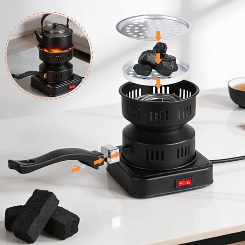 EFUTURETIME Kohlenanzünder 450-600W Holzkohlegrill Elektrisch 14cm x 12,5 cm x 15 cm mit Tragegriff und Kohlegitter, Kohle Anzünder Tragbar für Camping, Kochen