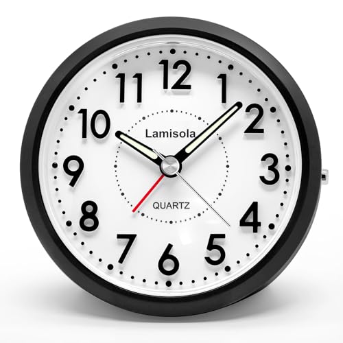 Image of Lamisola 4 Inch Alarm Clock for Bedrooms, Small Analog Desk Clock, Black | Battery Operated Bedside Clock for Bedroom Bathroom Home Nightstand Shelf, Night Light Snooze, Minimalist Clocks for Seniors