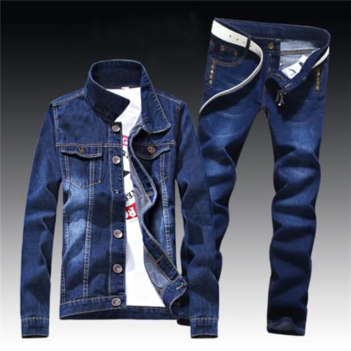 Men's Denim Jacket Pants 2Pcs Set Single Breasted Holes Casual Coat Trousers Fashion Suit3