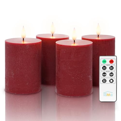Fanna 4 Bordeauxrote LED Flammenlose Echtwachs Kerzen Rustikale...