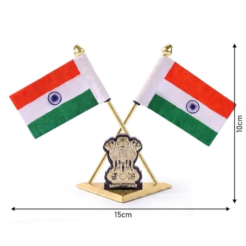 Image of Zahepa Dual-Sided Fabric Indian Tricolor Flag with Gold Plated Base for Car Dashboard, Office Desk, Home Decor & Gifting Tabletop Decoration for Home, Office & Corporate Use | Pack of 1