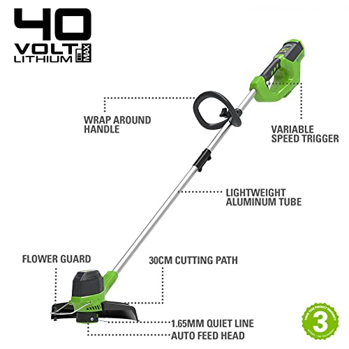 Greenworks G40LTK2 Accu Grastrimmer voor Middelgrote Tuinen, Verstelbare Hoogte, 30 cm Maaibreedte, Automatische Invoer 1,65 mm Nylondraad, 40V 2Ah Accu en Oplader - Afbeelding 3