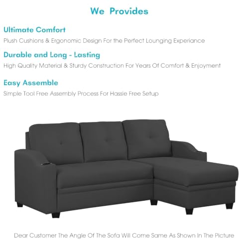 Image of Casaliving Ravonna RHS 4 Seater L Shape Corner Sofa Cum Bed for Living Room (Black Fabric) Premium Fabric Sofa