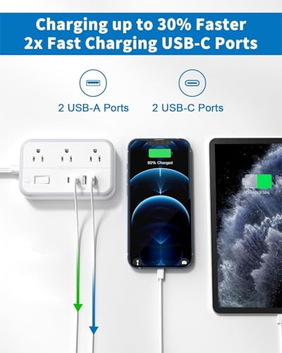 Power Strip with 6 Outlets 4 USB Ports(2USB C), Flat Extension Cord with Multiple Outlets, 1080 Joules, 5 ft Flat Plug Outlet Extender for Indoor, Office Supplies, Dorm Room Essentials - Thumbnail 7