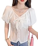 [Amulet] リボンオフショルダーブラウス レディース トップス 半袖 無地 春服 夏 10代 20代 30代 韓国ファッション セクシー パフスリーブvl-6191-wh-m