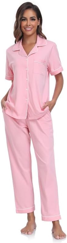 CF Womens 100% Cotton Pajamas Set Button Down Pjs Sets Short Sleeve Top & Long Pants Sleepwear Comfy Loungewear with Pockets - Image 7