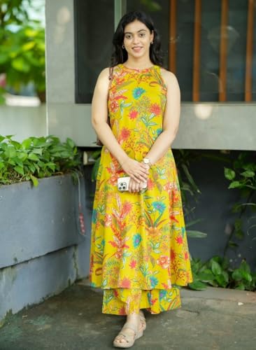 Image of Klosia Women Pure Cotton Kurta Palazzo Set | Sleeveless Printed Kurta with Palazzo Pants | Summer Friendly, Office Wear Co-Ord Set