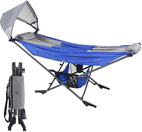 Republic of Durable Goods Portable Hammock with Stand Included Compact Folding Camping Hammock Stand for Travel Car Camping Mock One Hammock Chair Foldable (Blue/Grey)