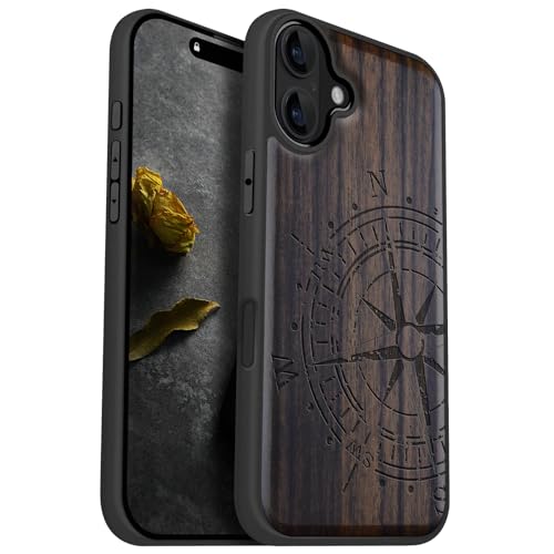 Image of Carveit Wood Case for iPhone 16 Plus, The Incomplete Compass, Black | Magnetic iPhone 16 Plus Case Compatible with MagSafe Wireless Chargers, Engraved Wood with Soft TPU Shockproof Bumper