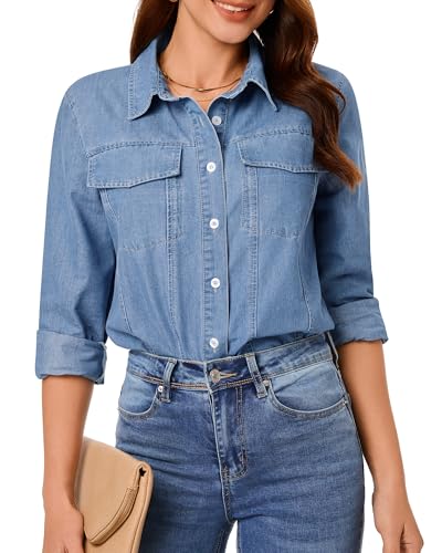 GRAPENT Camisas jeans de botão femininas manga longa casual casual leve gola bolso camisa jeans blusa shacket, Índigo azul médio, M