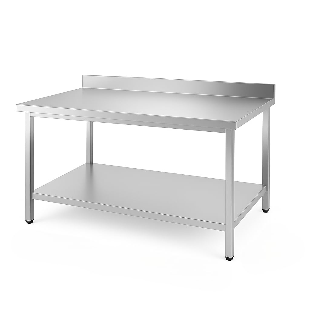 Table INOX Professionnelle Adossée – 1200 x 600 mm – Étagère Inférieure – Dosseret 100 mm – Plan de Travail Robuste 150 kg