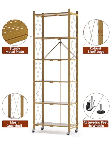 Image of ALANNG 73.6 Inch Folding Bookshelf, 6 Tier Metal Bookcase and Bookshelves | Tall Shelves for Living Room Office Bedroom, Heavy Duty Book Shelve Free Standing Open (Gold, 4PACK)