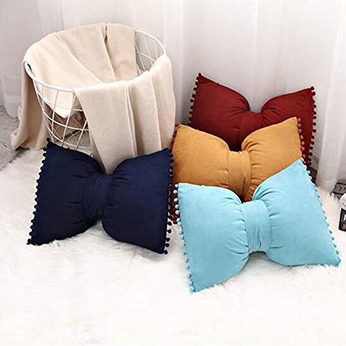 XSlive Velvet Throw Pillow Pompoms Decorative Solid Color Cute Bowknit Small Lumbar Cushion with Insert for Girl's Bedroom Sofa Couch (14"x20",Light Blue) by XSlive - Image 2
