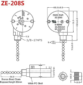 Ceiling Fan 3 Speed Switch With 4 Pre-Installed Wires - Zing Ear ZE-208s E89885 4 Wire Pull Chain Fan Light Replacement Part (Bronze Chain)