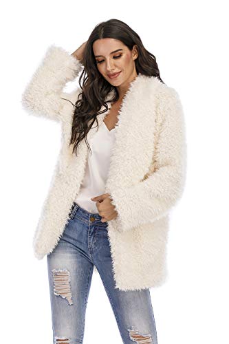 Comeon Women's Fuzzy Fleece Jacket Lapel Open Front Long Jackets Faux Fur Warm Winter Cardigan Coat Outerwear With Pockets (Light Beige,Large) #TOP2
