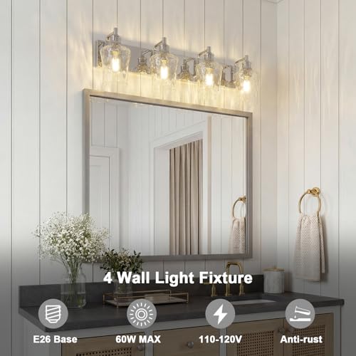 Image of Bathroom Light Fixtures Farmhouse Chrome Vanity Lights for Bathroom Lighting Fixtures Over Mirror with Hammered Glass Lampshade for Cabinet Mirror Bedroom Hallway 4 Light