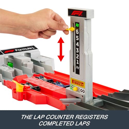 Hot Wheels Toy Car Track Set, Formula 1 Grand Prix Circuit Track Set with 3 1:64 Scale Die-Cast Toy Cars, Two Modes of Racing with a Motorized Booster, JLB13