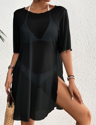 Bsubseach Sheer Bathing Suit Cover Up for Women Side Split Bikini Mesh Coverup Tops Resort Wear2