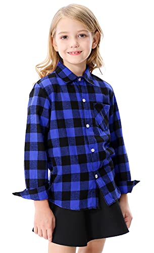 Girls Long Sleeves Button Down Plaid Flannel Shirt Tops, A Blue Plaid, 11-12 Years/Tag 180 #TOP5