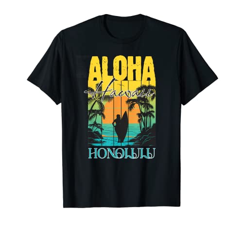 Aloha Honolulu Oahu Hawái Surfista Puesta de sol Waikiki Beach Camiseta
