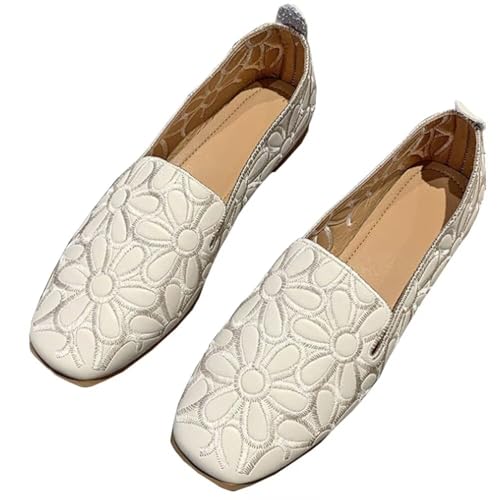 WENJIAZHIZHI Women's Floral Ballet Flats for Women Black Beige Square Toe Casual Walking Flats Shoes