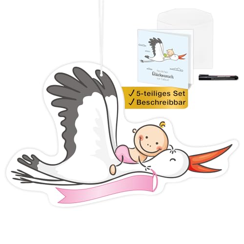 Storch zur Geburt Mädchen I Willkommen zuhause Baby I Set 5 Teile I Fliegender Klapperstorch I beidseitig bedruckt I zum Aufhängen I wetterfest I innen & draußen I 53 x 34 cm I Geburtsstorch Babyparty