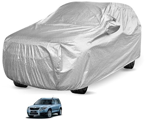 Image of Auto Hub Car Cover Compatible with Skoda Yeti with Mirror Pocket and Soft Cotton Lining,Waterproof Yeti Car Cover, Metallic Silver