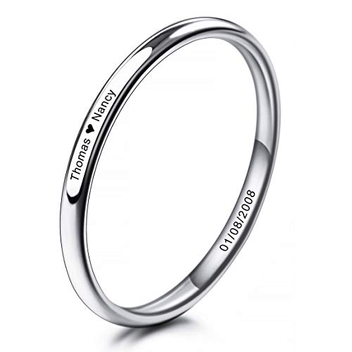 INBLUE Personalized Promise Rings Engraving Name Date Custom Rings for Women Girls Best Friend Mothers Day Stainless Steel Wedding Band Ring Jewelry Valentines Gift for Her (Silver Color)