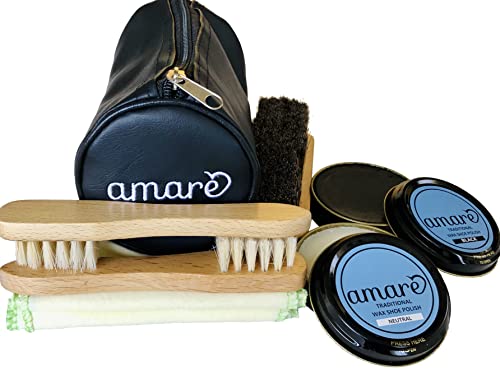 Premium 8Piece Shoe Polish Kit 1 Black 1 Neutral Wax 1 Real Horsehair Real Wood Buffing Brush 2 Real Wood Bristle Brushes 2 Shine Cloths 1 Zipper Bag By Amare, Gift Men, Women, For Shoe Lover, Birthday, Groomsmen, Thank You, Get Well, Just Because Gift, Birthday, Anniversary, Appreciation, Special Day. #TOP6