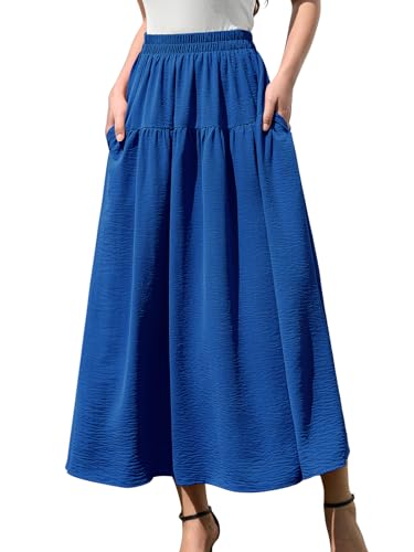 EeYu Tiered Maxi Skirt for Women Summer Elastic Waist A-line Beach Casual Flowy Swing Pleated Long Skirts with Pockets