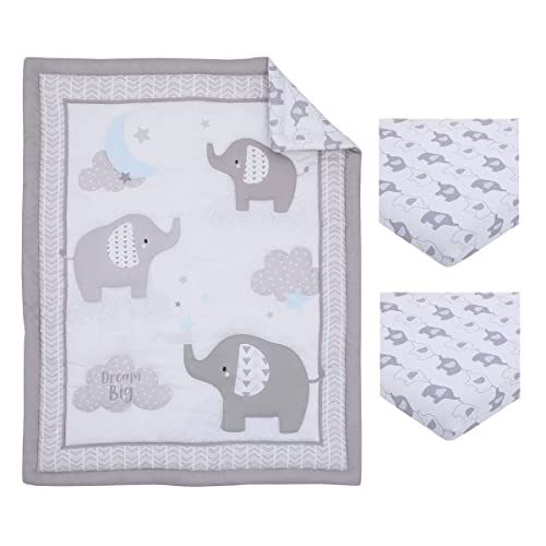 Image of NoJo Elephant Stroll Dream Big Clouds & Stars with Chevron Border 3Piece Nursery Mini Crib Bedding Set - Comforter, & Two Fitted Mini Crib Sheets, Grey, White, Charcoal, Blue