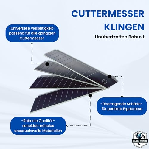 BÄRG-PETAR 50x Cuttermesser Klingen Schwarz 18mm Abbrechklingen - Teppichmesser Tapeziermesser Klingen - Ersatzklingen Karbon Carbon Black – Cutter Messer Klingen - Extrem Scharf