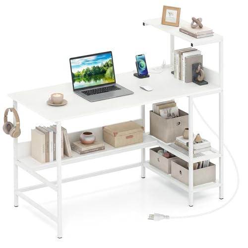 Image of Tangkula 48 inch Reversible Computer Desk with Bookshelves, Home Office Desk with Power Outlets, Hook and Storage Shelves, Writing Study Desk for Living Room, Study Room, Office (White)