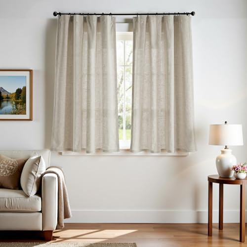 jinchan Oat Linen Blend Curtains 63 inch Length 2 Panels for Bedroom Living Room, Semi Sheer 50 inch Wide Farmhouse Cottage Core Style Drapes with Rod