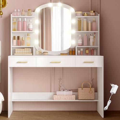 HEXCELEN 108 cm Tocador con Espejo Ovalado, Mesa de Maquillaje con 10 Luces LED, Tocador de Maquillaje, Brillo Ajustable, 3 Cajones con 6 Compartimentos Abiertos, Blanco